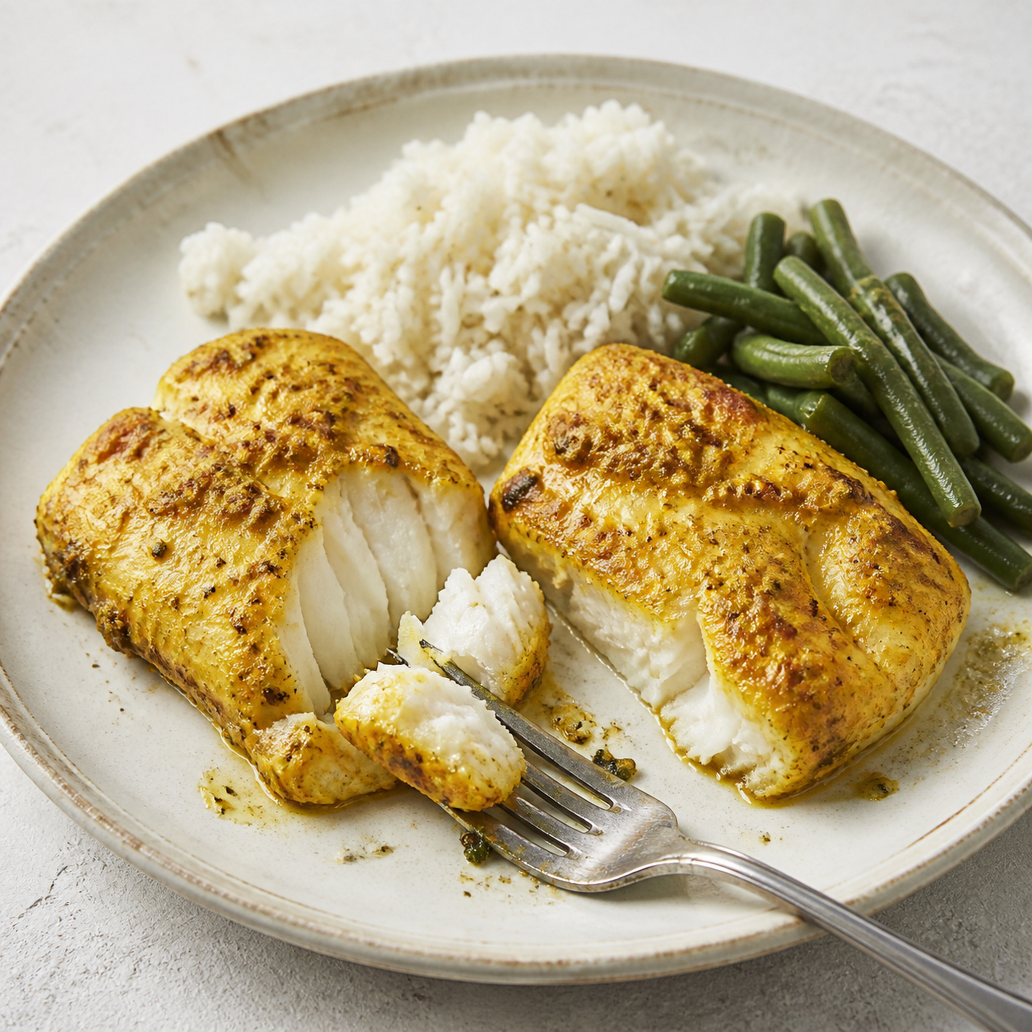 Flaky baked cod with golden mango yoghurt coating