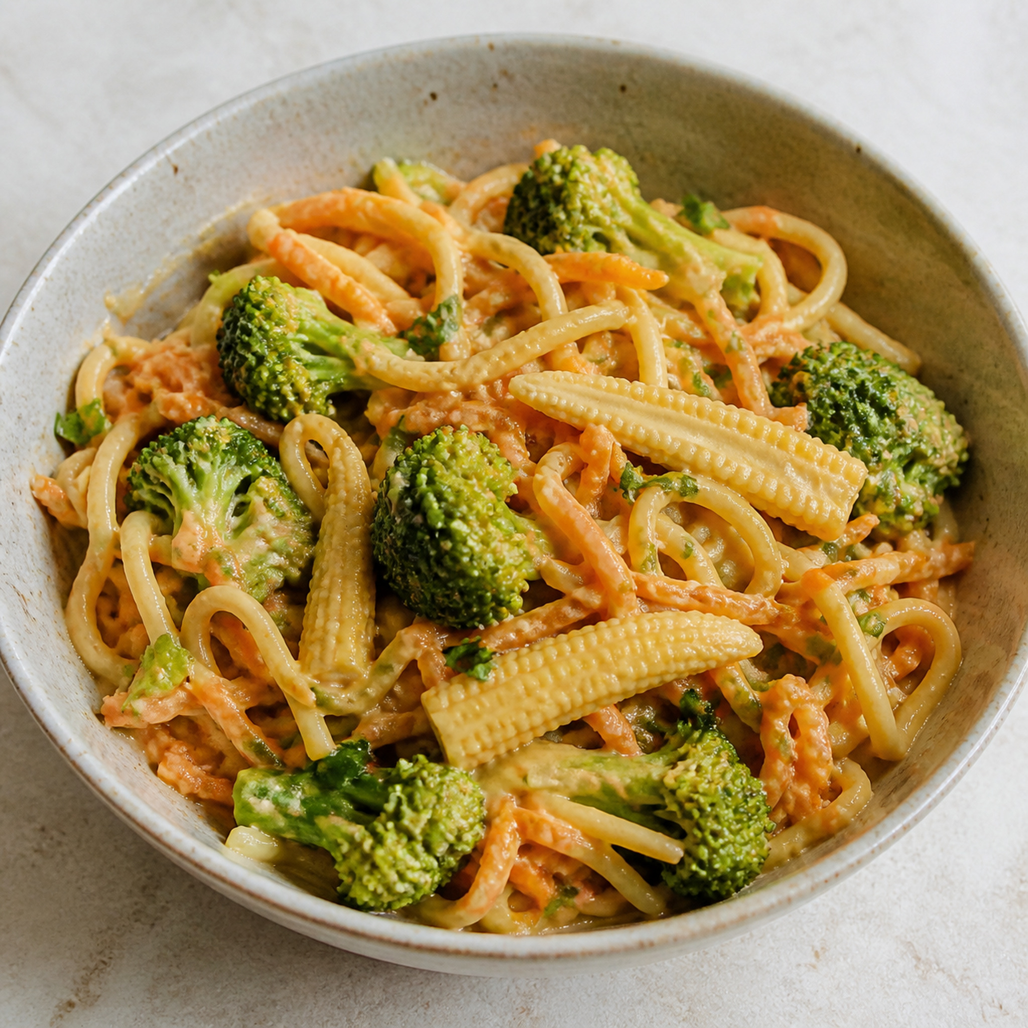 Soft noodles with broccoli, grated carrot and lengthways baby corn