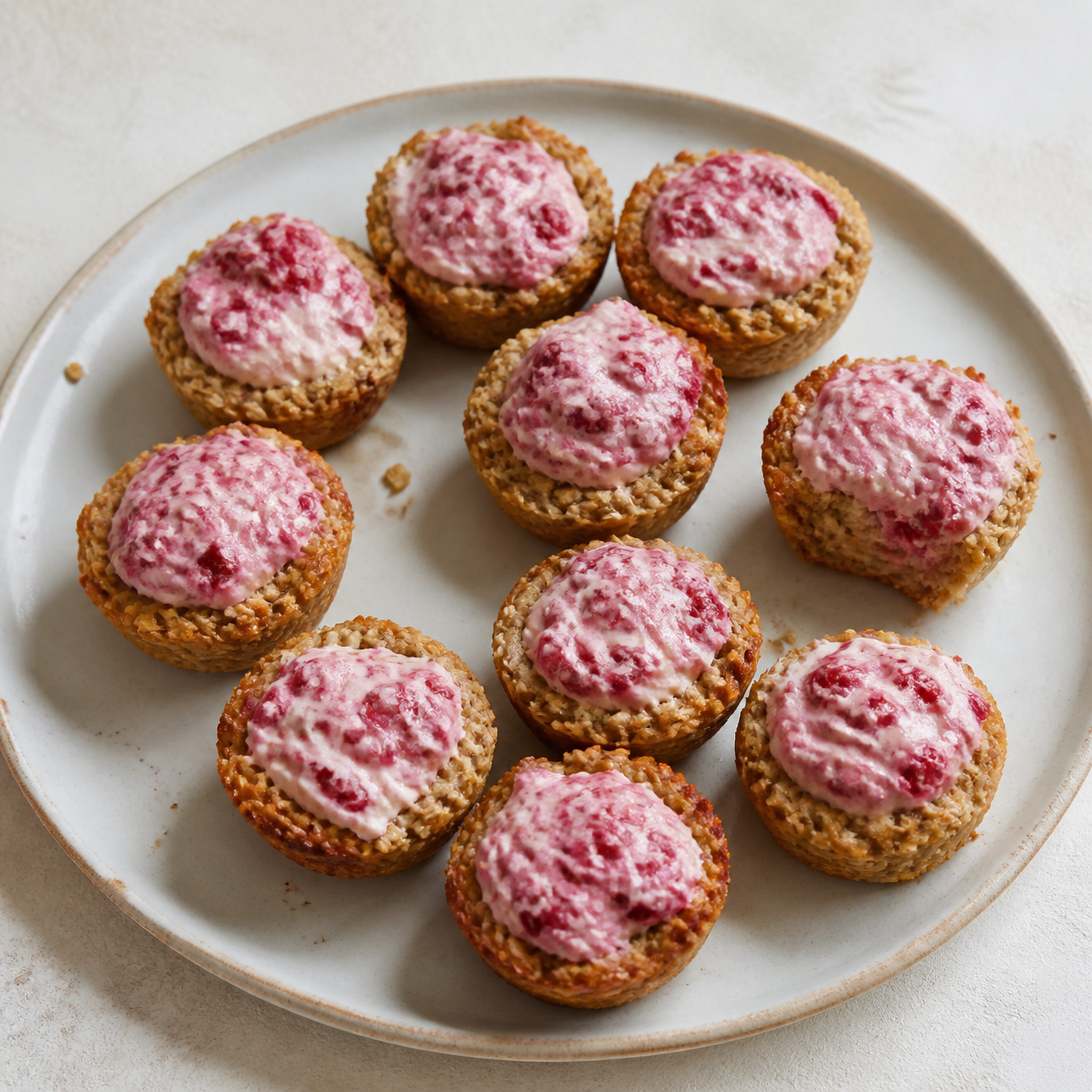 Mini oat cups topped with mashed raspberry and yoghurt