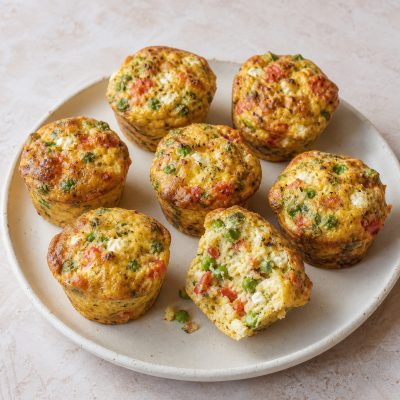 Muffin-shaped frittata nests with peas, finely chopped tomato and feta