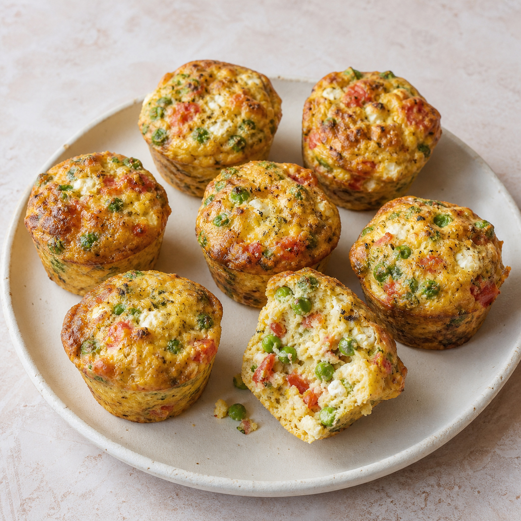 Muffin-shaped frittata nests with peas, finely chopped tomato and feta