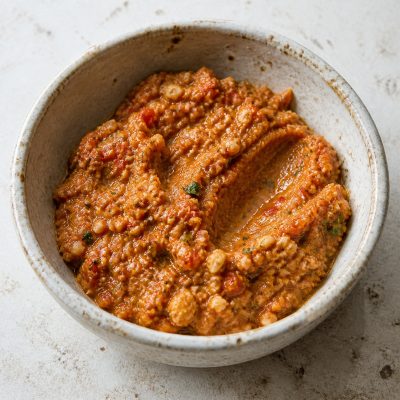 Homemade tomato and walnut pesto in a rustic bowl