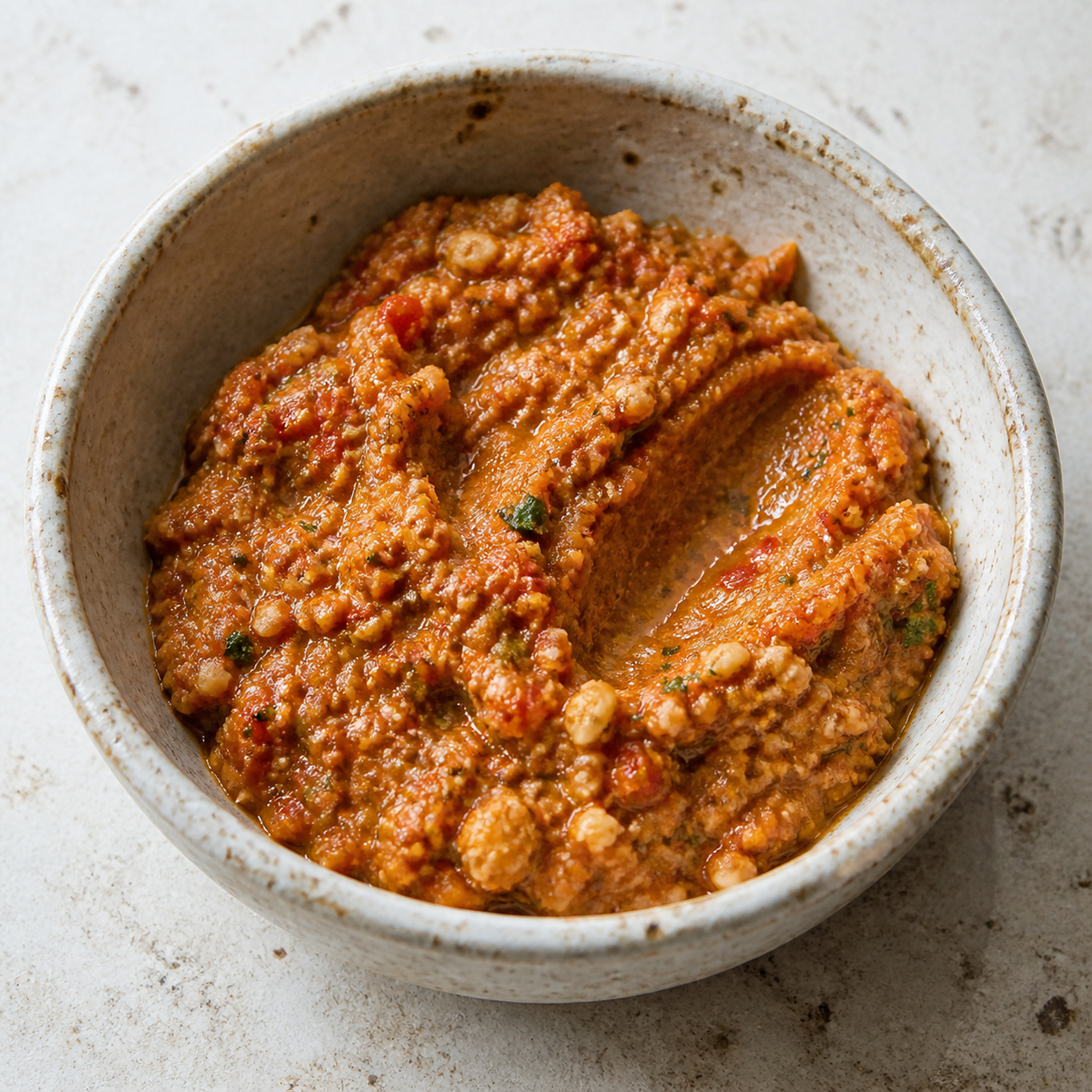 Homemade tomato and walnut pesto in a rustic bowl